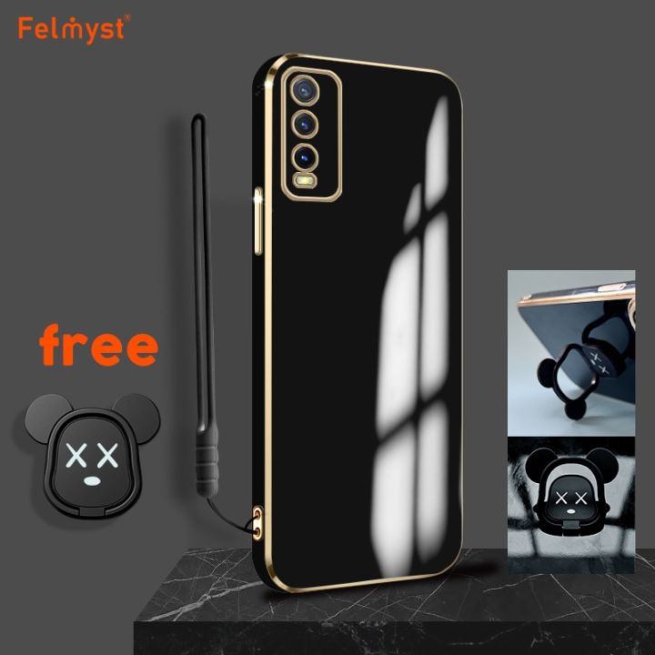Hstyle For vivo Y20 Shiny electroplated TPU stereoscopic black violent bear ring standing back cover square cover girls and boys gift soft hard waterproof fall proof protective sleeve ring sari. Gift: lanyard