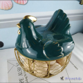 Large Stainless Steel Mesh Wire Egg Storage Basket with Ceramic Farm Chicken Top and Handles. 