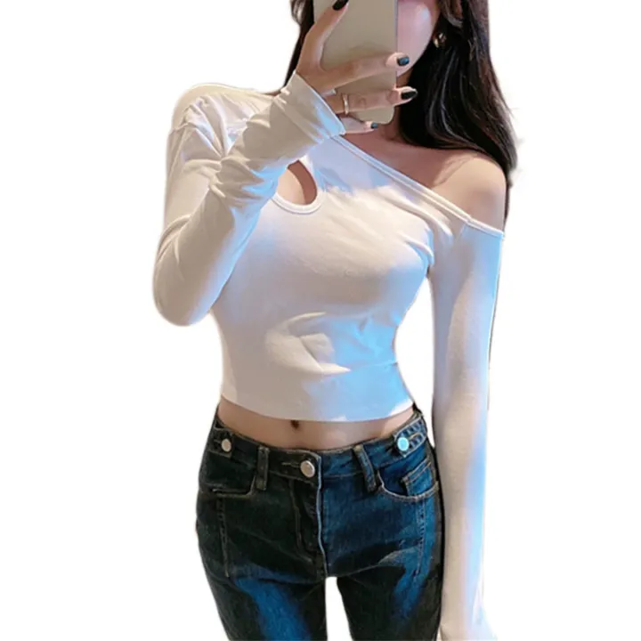 Women%20Oblique%20Shoulder%20Long%20Sleeve%20Cut%20Out%20Embroidered%20Buckle%20Long%20Sleeve%20Basic%20Undershirts%20Slim%20Bodycon%20Shirt%20Tops%20-%20Image%204