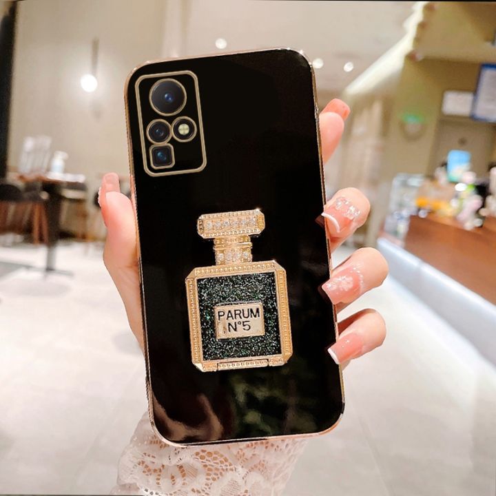 FELMYST No.5 Perfume Case For Infinix Zero X Pro Luxury Chane Rhinestone Bottle Hidden Mobile Holder Phone Casing Makeup Mirror Bracket Girl Women Shockproof Soft Cover