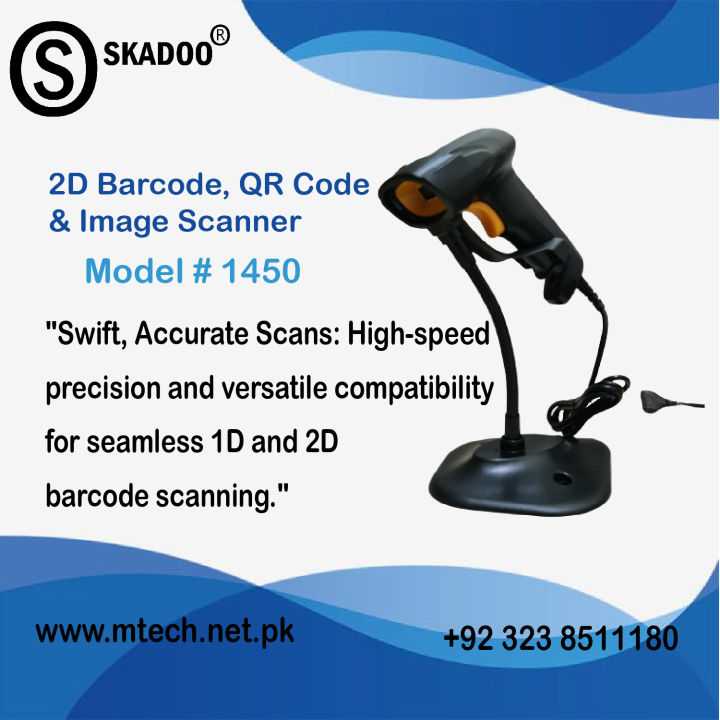 SKADOO 2D QR code, Barcode Scanner S1450 with Stand