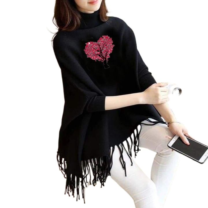 Women Hearts Tree Printed Fleece Poncho For Women Winter Printed Poncho For Girls