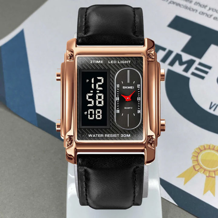 Dual Time Leather Strap Watch for Men with Rectangular Dial Analog ...