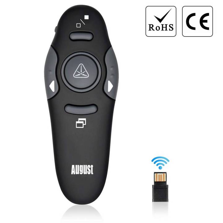 August LP205R Wireless Presenter with Red Laser Pointer - Cordless Powerpoint Slide Changer with Shortcut Keys - Remote Control Clicker Range: 15m - Battery Powered (1xAAA Inc.)