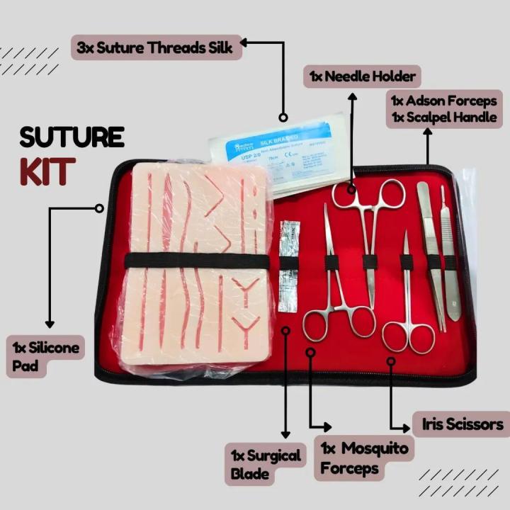Complete Suture Practice Kit for Medical and Vet Students - Reusable Skin Simulation Silicon Pad with Pre-Cut Wounds, Full Set of Essentials Stainless Still Suturing Tools