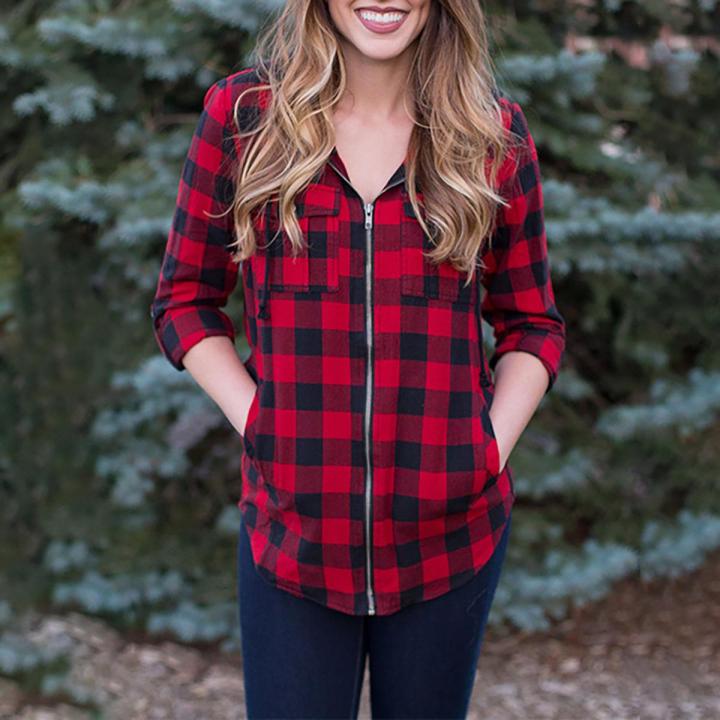 G&H Casual Women Stripe Plaid Chest Pockets Coat Long Sleeve Hoodie Zipper Shirt Top