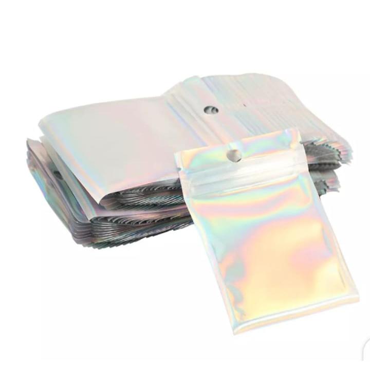 5 Pcs Resealable Holographic Bags, Smell Proof Mylar Pouch with Clear Window for Food Storage Party Favor Business Flat Zipper Closure Bag (Holographic Color, 2.75 x 4 Inch)