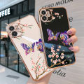 Jizetin (Free Lanyard) for OPPO Reno7 Z 5G  /  F21 Pro 5G Back Cover Peach Blossom and Butterfly Luxury 6D Plating Case Side Pattern Soft Silicone Square Mobile Phone Cases. 