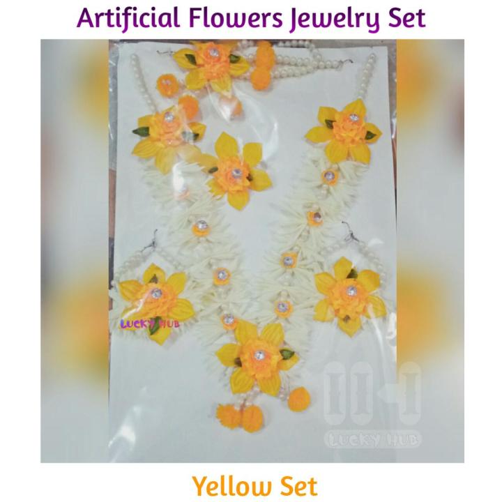 5 Pieces Artificial Flowers Jewelry Set For Mehndi and Wedding, White with Red or Yellow Flowers