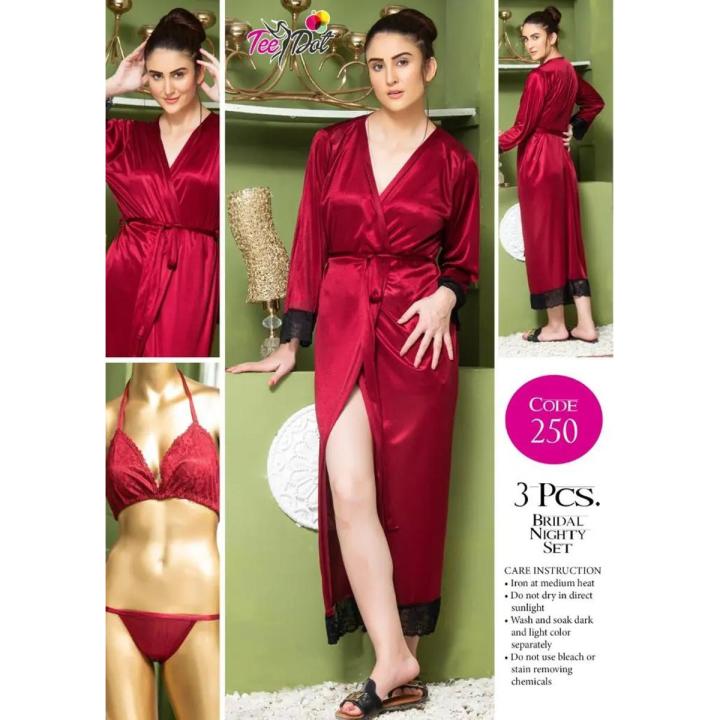 Pack of 03 - Satin Silk Long Kimono Robe Night Gown With Lace