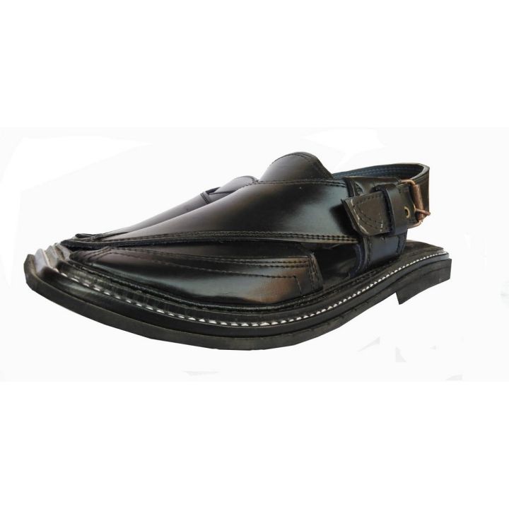 Black Polish Peshawari Chappal With Hand Made Sole