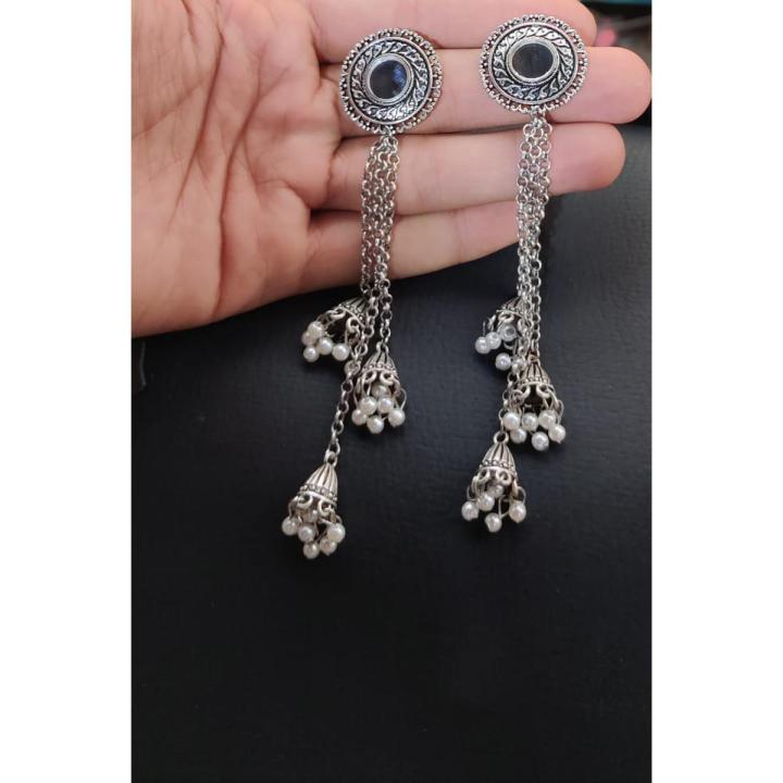 Indian Oxidizied Silver 3 Lear Mirror Earring