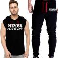 Black Vinyl Dumble Printed Gym Summer Hooded Sleeveless Tracksuit for Mens (Hooded Tshirt + Trouser ). 