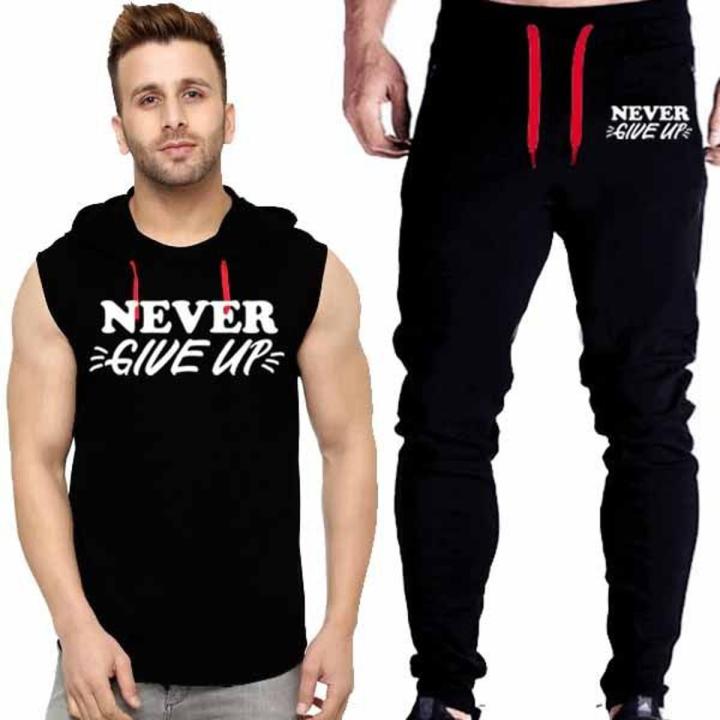 Black Vinyl Dumble Printed Gym Summer Hooded Sleeveless Tracksuit for Mens (Hooded Tshirt + Trouser )
