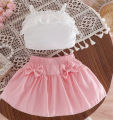Baby Girls White Lace Strap Top & Pink Bow Skirt Set – Cute Summer Fashion Outfit. 
