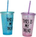 Jelly Glass With Straw Double Walled - 500 ml  (Multicolor). 