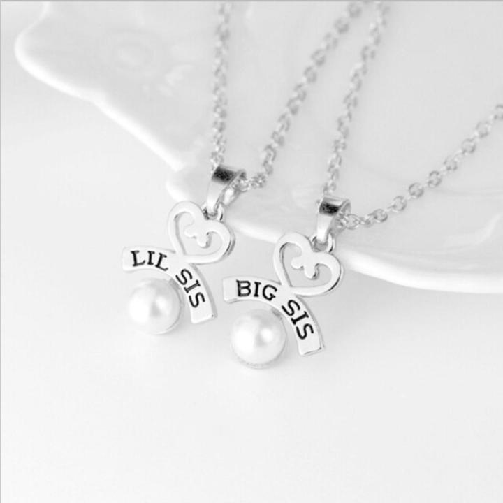 2pcs/set Heart Big Sis Lil Sis Necklace For 2 Handstamped Bff Chains Pendant Family Necklace Engraved Girl Sister