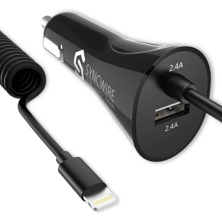 Syncwire iPhone USB Car Charger - [Apple MFi Certified] - 4.8A/24W Car Charger Adapter with Coiled Lightning Apple Cable for iPhone XS MAX XR X 8 7 6 6s Plus 5 SE, iPad, Samsung Galaxy S8 S7 and More