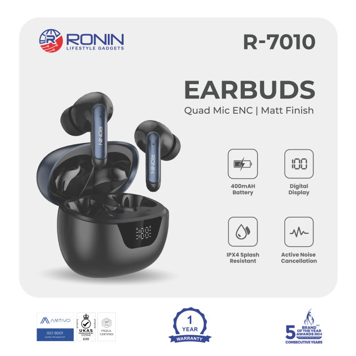 Ronin R-7010 Earbuds, Active Noise Cancellation, 10m Range, IPX4, Compatible with iOS/Android, Bluetooth 5.3, Deep Bass Sound, Digital Display & Water Resistance, 13MM Drivers, 6-Hour Playtime, Block the Noise, Hear the Detail