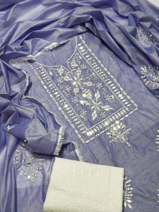Mirror work dupatta, Mirror work Paper cotton Shirt, chicken emb Trouser, 3 pcs suits