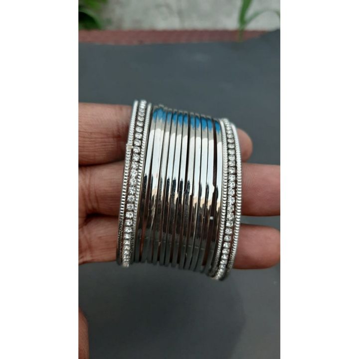 Pack of 16 Plain Silver Bangles With 2 Stones Bangles For Beautiful Woman-Girls-Box Free