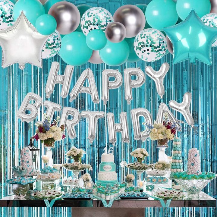 Happy Birthday Decoration Set: Birthday Foil, 30 Balloons, , 1 Stars or Hearts, 1 Curtain (6ft by 3.5ft) - Perfect for Birthday Themes, Boys & Girls Parties!