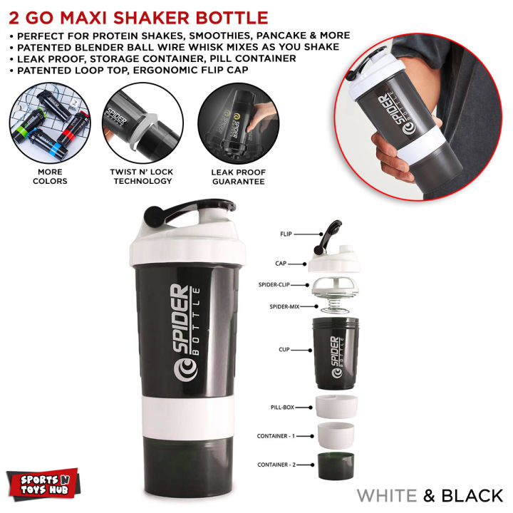 2 Go Maxi - Shaker Bottle Available in Multi Colors Protein Shaker Bottle with Mixer Ball and 2 Interlocking Storage Jars for Pills, Protien Powder, Coffee, Tea. 100% BPA Free, Non Toxic and Leak Proof Sports Water & Shaker Bottle Capacity 500ml / 16oz