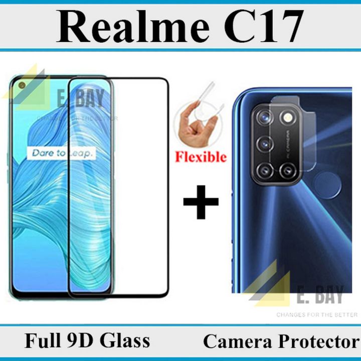 Realme C17 Full Black 9D|5D|6D|10D|11D|21D Tempered Glass Screen Protector Full Glue Edge To Edge + Back Camera 9H Gorilla Flexible Protector For Realme C17
