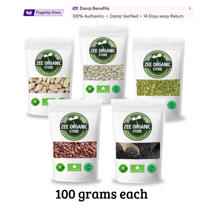 Pack of 5 (100 grams Each) Pumpkin Seeds Without Shell | Sunflower Seeds Without Shell | Flexseeds | White Sesame Seeds | Chia Seeds PCOS Seeds Cycling Kit by Zee Organic Store