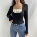 PUFFIE - LONG SLEEVE MOCK TWO PIECE SQUARE-NECK TOP. 