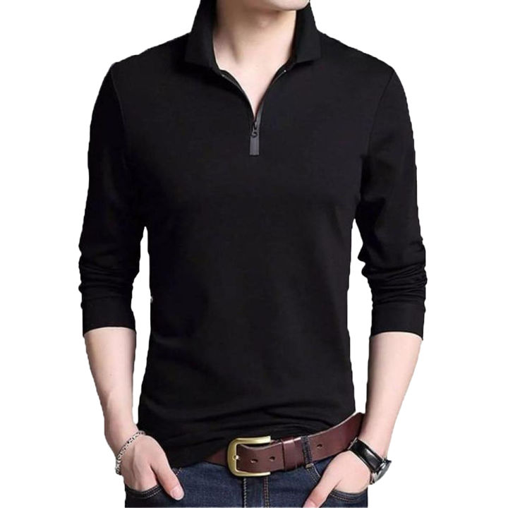 Stylish Black Front Half Zip Full Sleeve T-Shirt