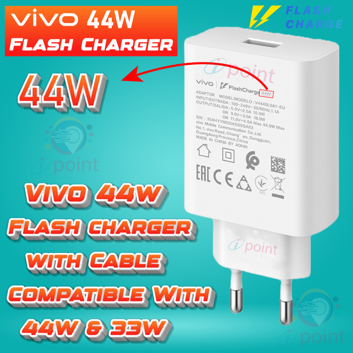 Vivo Original i44W Flash Adapter With 4A USB A to Type C Data Cable | Vivo 44W Super Fast  Dual Engine Charging Adapter Original | Vivo 44w Flash Charger price | Vivo 44W Flash Chager for Vivo_V20 Se V19 V20 V23 V23e V21 V21e V17 Pro X50 Pro X60