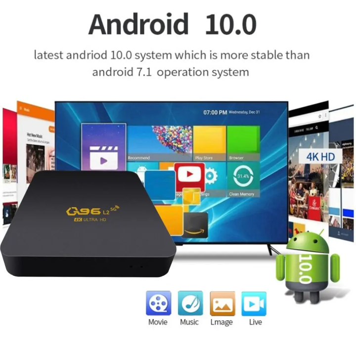 4K ultra HD Q96 L2 android 10 5G dual wifi bluetooth support android tv box, 4K Ultra HD,  Android 10, TV Box WIFI 4K Q96 MAX Smart TV Box 4G Set Top Box Android 11.0 Media Player Android S905 Quad Core Android TV Box HD Smart Box
