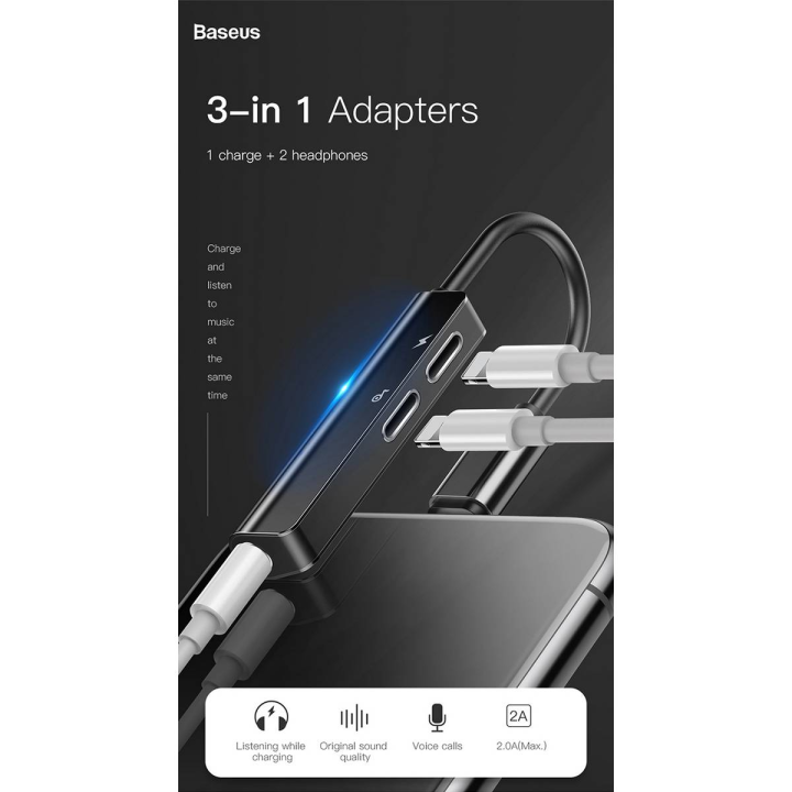 BASEUS L52 - MULTI FUNCTIONAL 3 IN 1 iPhone8 Pin Male to 3.5mm Female + 2 x iPhone8 Pin Female Charging Call Listening Song Audio Headphone Adapter - BLACK