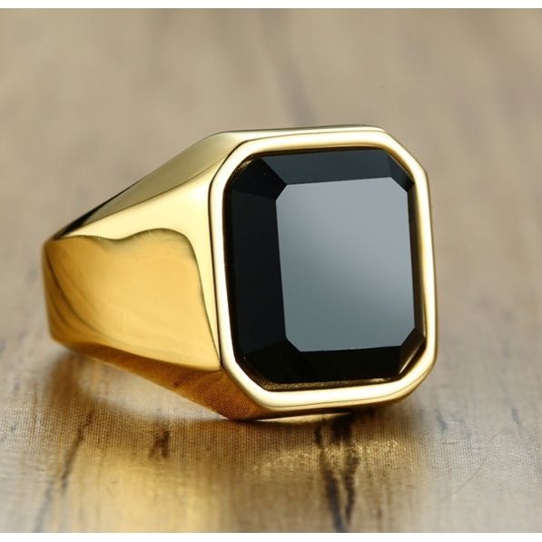 Punk Men's Stainless Steel Black Stone Gold Ring Big Wedding Bands Male Engagement Party Jewelry Hip Hop Rings