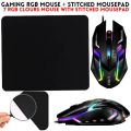RGB Gaming Mouse With Mousepad - 7 Light Breathing Colours In Mouse & Red Medium Size Mouse Pad All Sides Stitched - USB Wired Gaming Mouse For PC & Laptop - No Side Button - Black. 