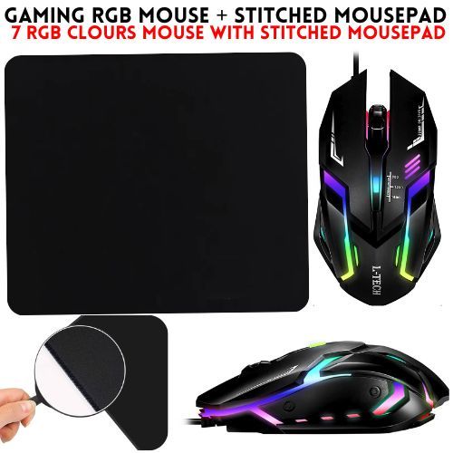 RGB Gaming Mouse With Mousepad - 7 Light Breathing Colours In Mouse & Red Medium Size Mouse Pad All Sides Stitched - USB Wired Gaming Mouse For PC & Laptop - No Side Button - Black