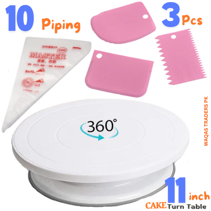 11 inch High quality Rotating Cake Turntable, 3Pcs Cake Creem Scraper Spatula Set, 10Pcs Disposable Piping Bags , Decorating Turn Table