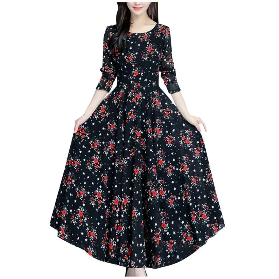 Women Floral Beach Dress Long Sleeve Casual Party Vintage Boho Maxi Dress Daraz.pk