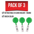 Pack of 3 Retractable Round ID Card Holders – Green Color, Badge Reel with Clip for Office, School, Events. 