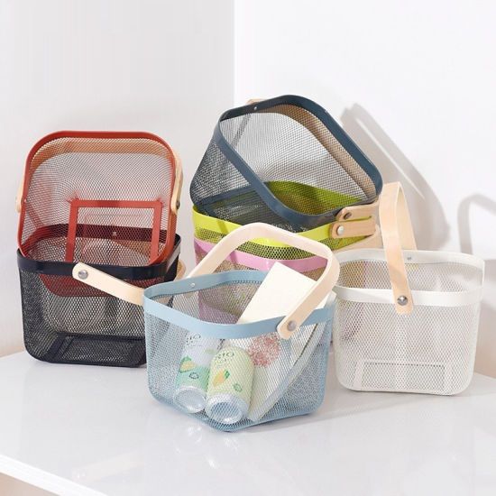 Techmanistan Square Metal Mesh Basket with Wooden Handle, Cute Garden Harvest Fruit Egg Basket, Multipurpose Baskets Picnic Basket