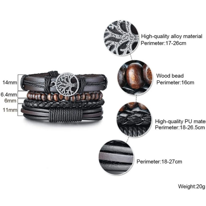 4-Piece%20Men%E2%80%99s%20Leather%20Wrap%20Bracelet%20Set%20%E2%80%93%20Vintage%20Tree%20of%20Life%20&%20Wood%20Beads%20-%20Image%202