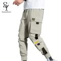 Sunnyheart Men Cargo Pants Side Pockets Stretchy Waist Drawstring Strap Decor Ankle-banded Jogger Pants Daily Clothes. 
