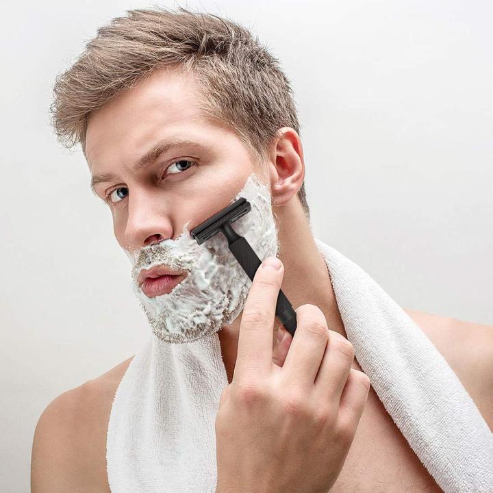 Professional Metal Safety Razor,Classic Long Handle Safety Wet Shaving Kit Safety Razor (Black), Stainless Steel Shaving Razor Manual Mustache Removal Traditional Shaving Tool for Hotel Home Travel for Men