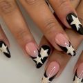 Y2K Star Press on Nails Gradient Black Nails Medium Length Square False Nails Moon Designs for Women Girls Party Daily Use. 