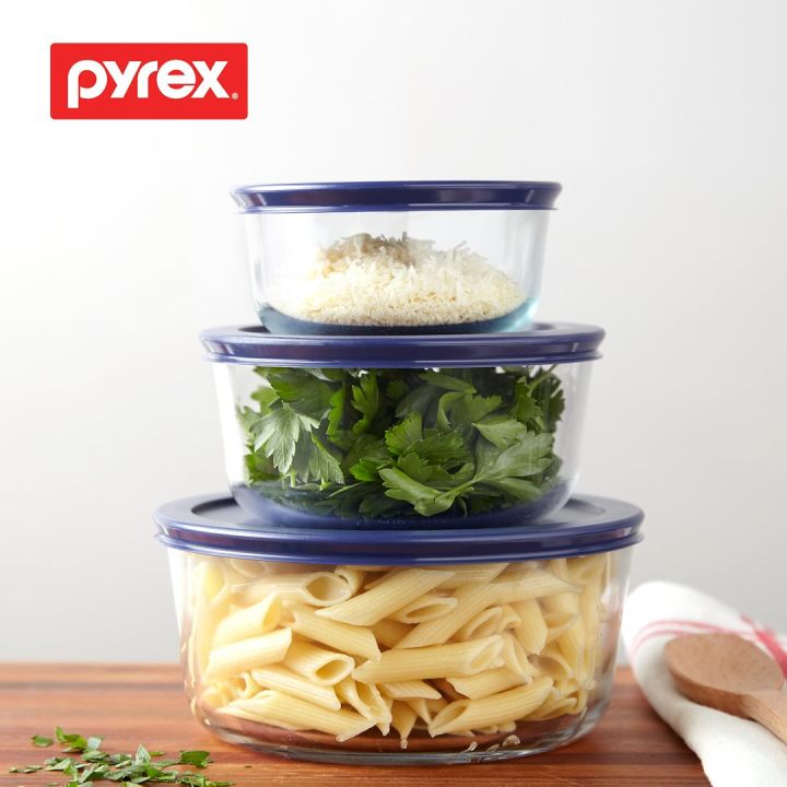 PYREX Simply Store 6-piece Round Glass Food Storage Container Set with Blue Lids