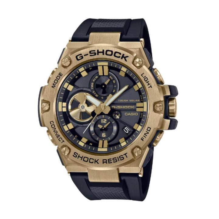 Casio G Shock GST-B100 Series Round Analog+Digital Gold Ion Plated Bazel World Time Stop Watch Hourly Time Signal Full Auto Calender (to year 2099) LED Light (Super Illuminator) Battery Level Indicator Power Saving Mobile Link Watch-GST-B100GB-1A9DR