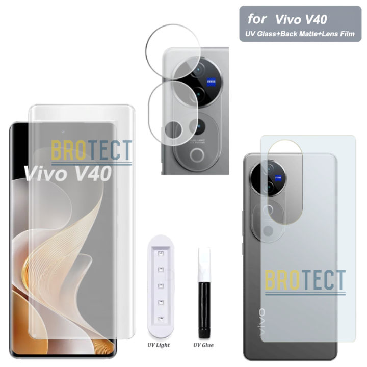 3 in 1 Vivo V40 UV Tempered Glass Liquid Glue Curved Edge to edge Screen Protector + Back Matte Protector Soft Skin Sheet Film + Camera Lens Film Protector Flexible 9H Gorilla Lens Glass For v40 - Transparent