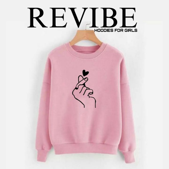 REVIBE - Pink Finger Heart Printed Sweatshirts For Women - Hoodies For Girls