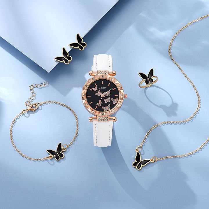 Leather Strap Butterfly Watch Set - 6 Piece Luxury Women's Quartz Watch, Ring, Necklace, Earring, and Bracelet Set Luxury Women Simple Wrist Watches for Women & Girls